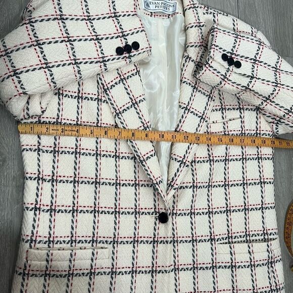 Vtg 90s Plaid Windowpane Blazer Academia Classic Ivory Navy blue Red 12 L - Picture 9 of 15